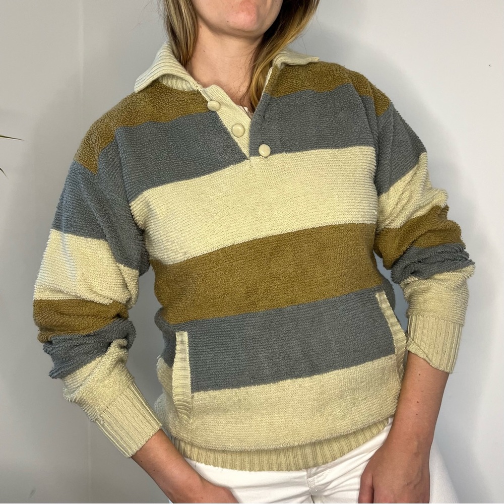 Vintage Neutral Terry Cloth Knit Striped Sweater